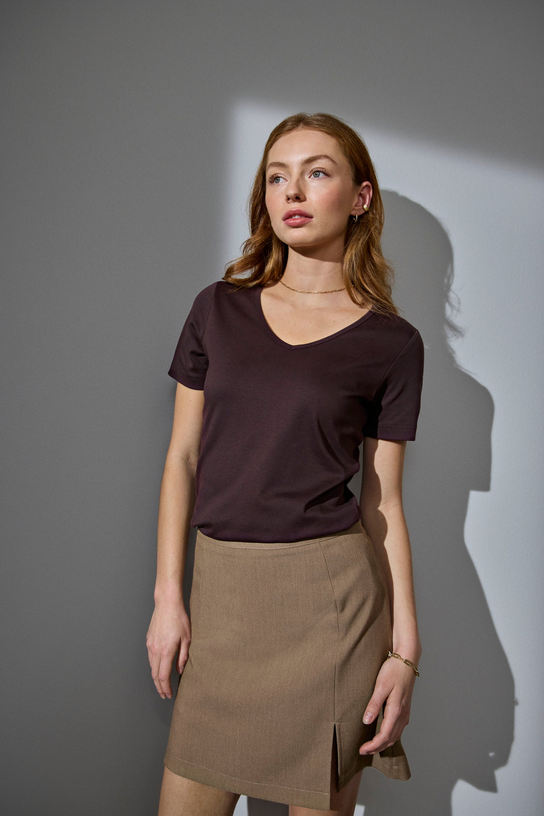 T-shirt interlock | scollo V | donna - Dark bordeaux