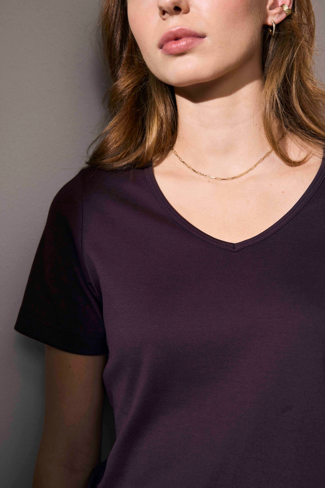 T-shirt interlock | scollo V | donna - Dark bordeaux