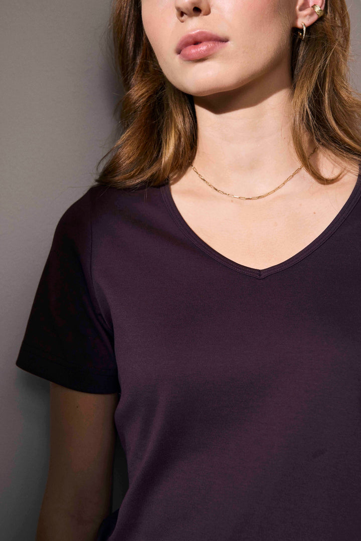 T-shirt interlock | scollo V | donna - Dark bordeaux
