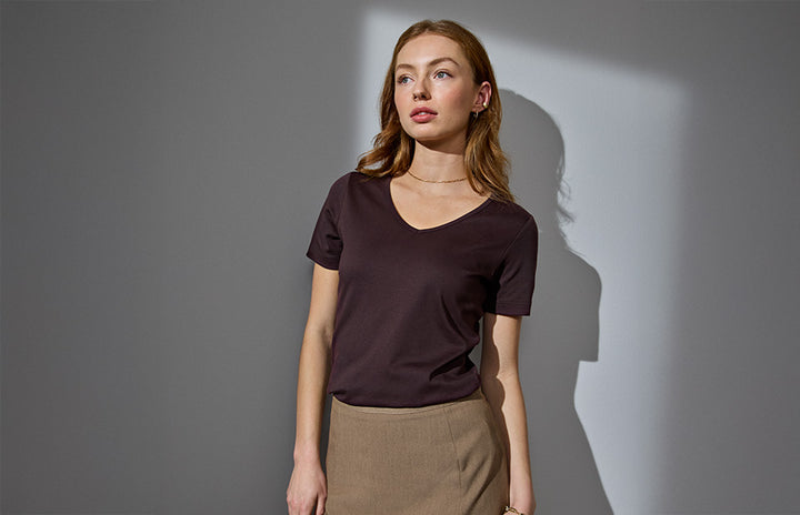 T-shirt interlock | scollo V | donna - Dark bordeaux