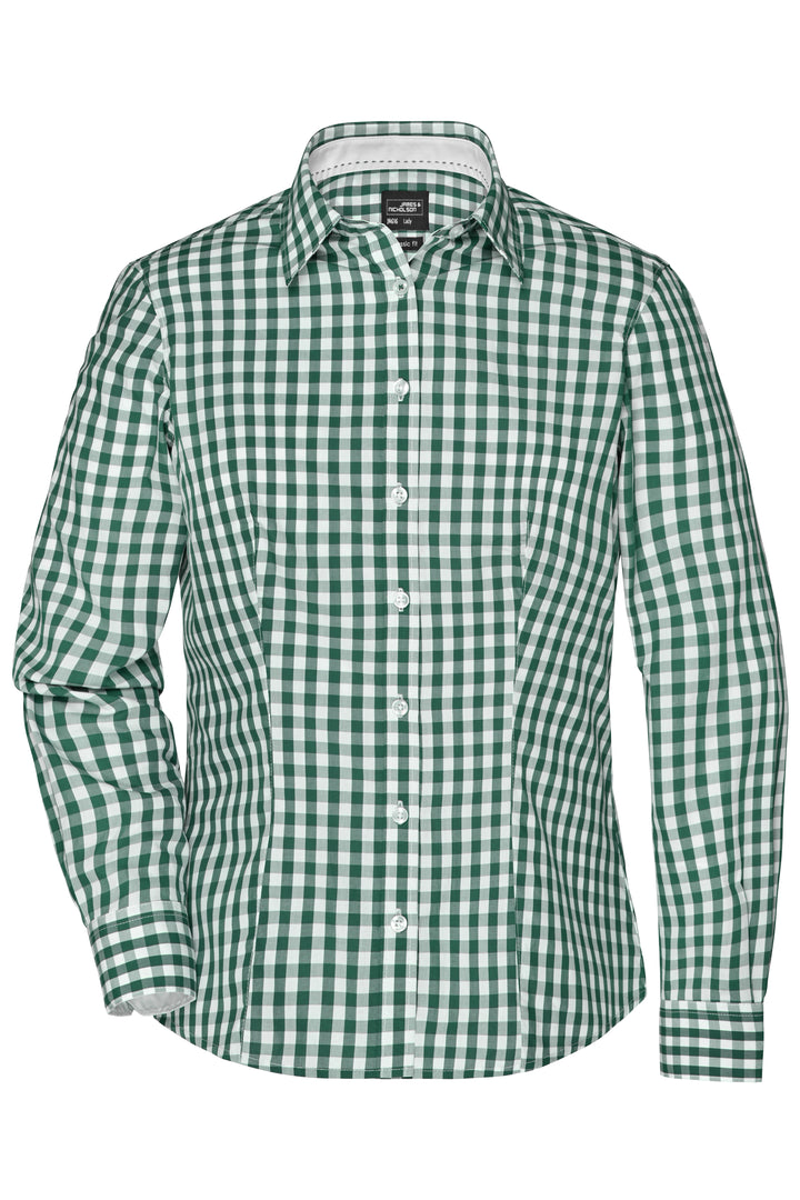 Ladies' Checked Blouse - forest-green/white